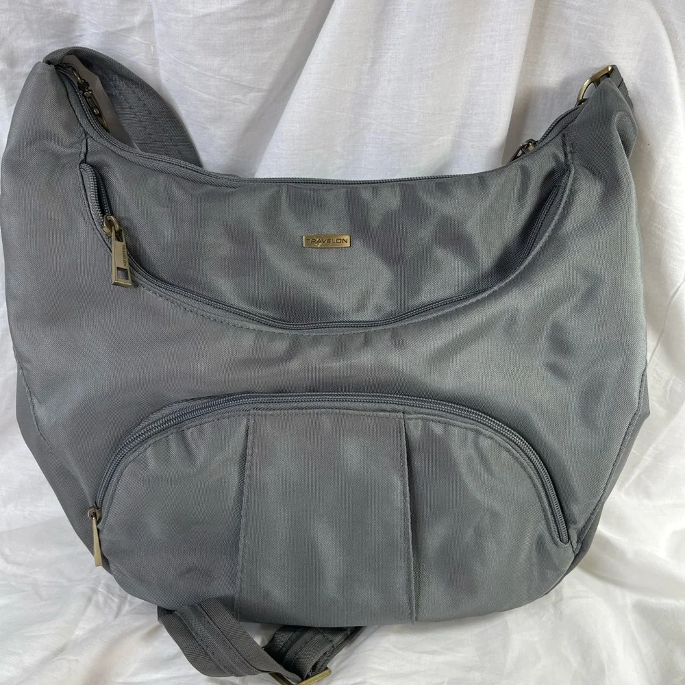 TRAVELON ANTI-THEFT‎ GRAY/BURNT ORANGE ROUND HOBO RFID, Gently Used